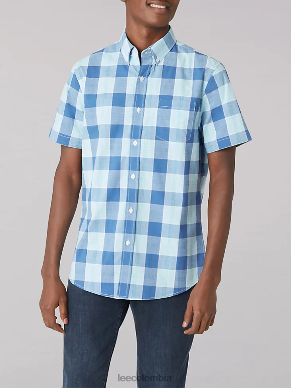 Lee hombres camisa de manga corta de popelina color melocotón a cuadros de búfalo sueño azul ropa Z6H6F904 - Image 1