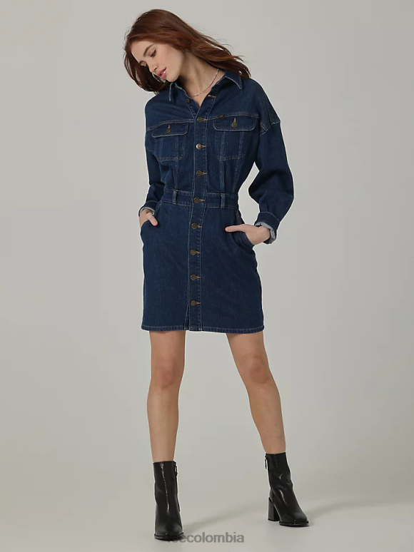 Lee mujer vestido con botones y hombros caídos de la colección europea azul mayor ropa Z6H6F419 - Image 4